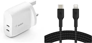 Belkin 40W USb Type C Pd Wall Charger & Braided Usb-C To Lightning Cable (Iphone Fast Charging Cable) Boost Charge Mfi-Certified Iphone Usb-C Cable (2M, Black)