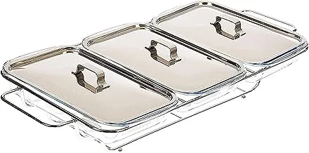 Raj Glass 3 part portable food warmer with fuel holder, 1.5 LITER x3 trays, VCD000, 3PC, Chafing Dish,Buffet Server, Food warming tray, Chafer