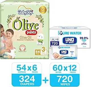 BabyJoy Olive Pants, Size 3, 324 Diapers + 720 Uno Pure Water Baby Wet Wipes