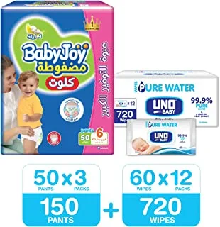 BabyJoy Culotte, Size 6, 150 Diaper Pants + 720 Uno Pure Water Baby Wet Wipes