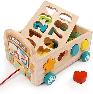 Arabest Wooden Shape Sorter Toys, Classic Wooden Toy Pull Along Toy Bus, Learning 123 Numbers Shape Puzzle Sorting Match Game, Wooden Puzzles Montessori Sensory Material for Kids Age 1-4 Years Old