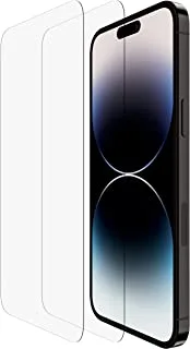 واقي شاشة Belkin 2 Pack TemperedGlass iPhone 14 Pro Max سهل التطبيق خالٍ من الفقاعات مع ملصقات دليل التثبيت المضمنة ، تم اختبار صلابة 9H
