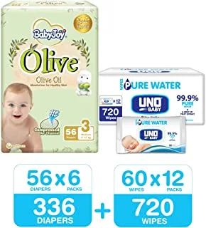 BabyJoy Olive, Size 3, 336 Diapers + 720 Uno Pure Water Baby Wet Wipes