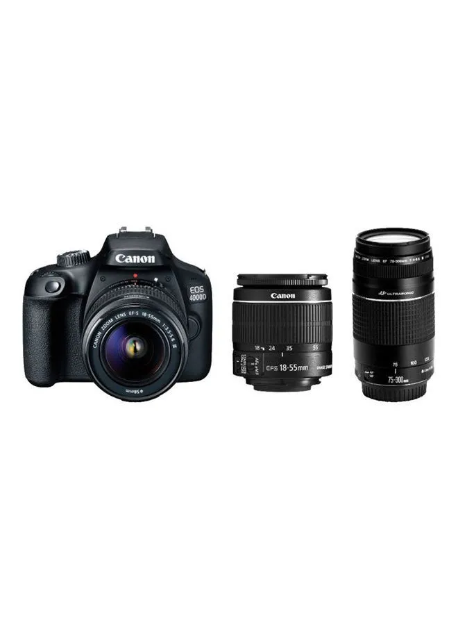 مجموعة تكبير Canon EOS 4000D مع عدسة EF-S 18-55mm f / 3.5-5.6 III + EF 75-300mm f / 4-5.6 III USM Lens 18MP ، واي فاي مدمج وبلوتوث