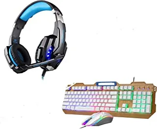 Datazone Mechanical keyboard with RGB lighting, keyboard shortcuts, multi-keystroke response, suitable for gaming, with gaming mouse, gaming headset with microphone, lightweight (G9000Blue+ AK-800 WH)