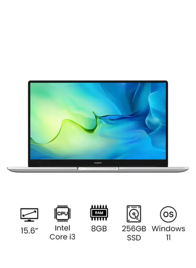 HUAWEI MateBook D15 With 15.6-Inch Display, Core i3 1115G4 Processor/8GB RAM/256GB SSD/8GB Intel Iris XE Graphics/Windows 11 English/Arabic Mystic Sliver