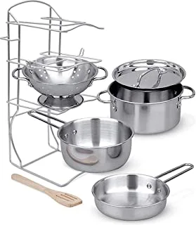 Click N' Play Stainless Steel Toy Cookware Pots and Pans with Pot Rack Organizer and Cooking Utensil Pretend Play Kitchen Set for Kids and Toddler Ages 1-3 - 7 Pcs. | Playset Accessories and Food Sets