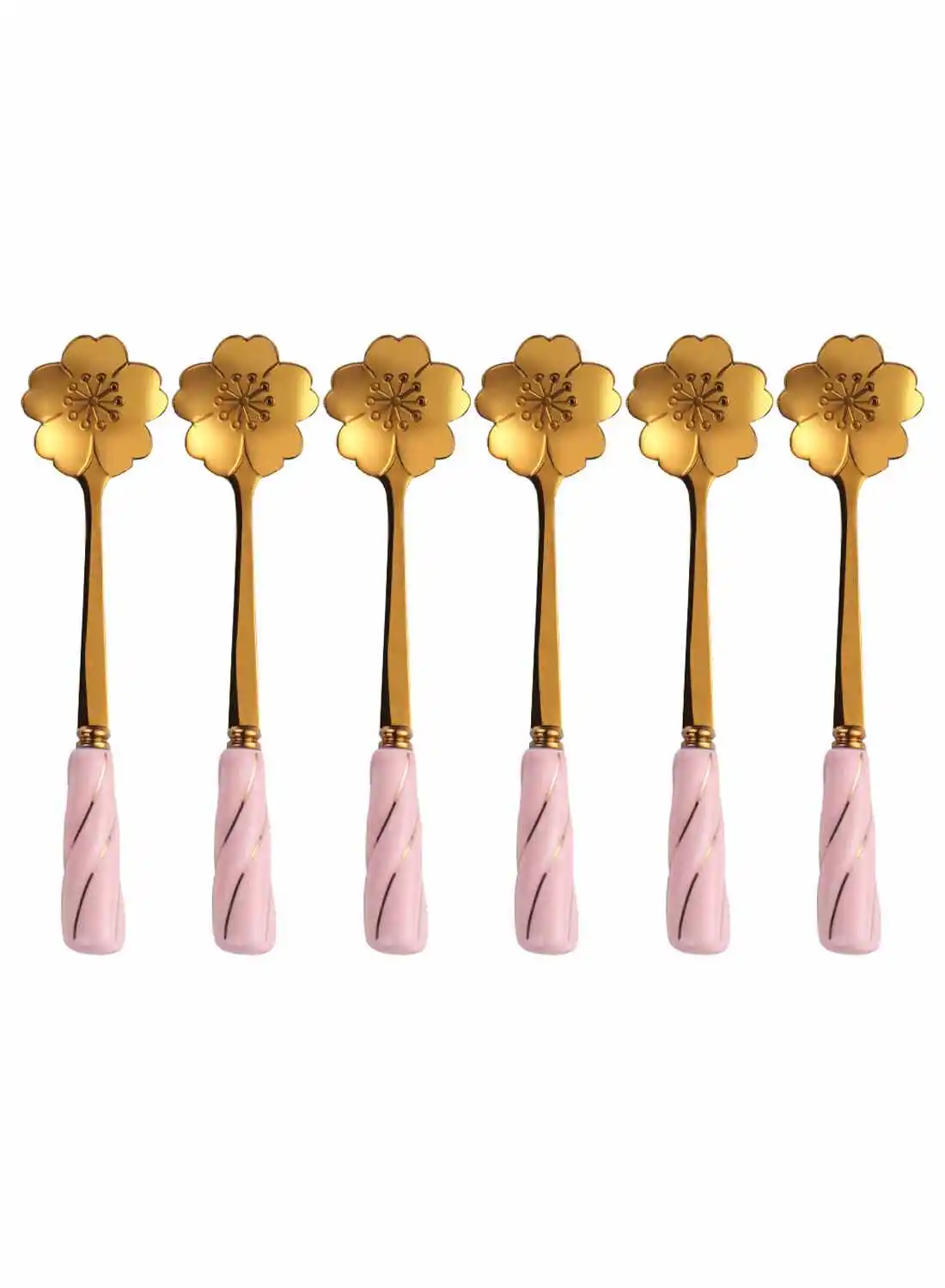 TD HOME 6-Piece Cherry Flower Shaped Mixing Spoon Set Gold/Pink 12 x 2.8centimeter