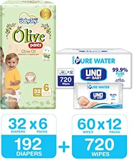 BabyJoy Olive Pants, Size 6, 192 Diapers + 720 Uno Pure Water Baby Wet Wipes