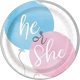 Unique he or she gender reveal round dessert plates, disposable, pink & blue, 6 3/4 in. (8 pcs), 76084