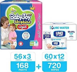 BabyJoy Culotte, Size 5, 168 Diaper Pants + 720 Uno Pure Water Baby Wet Wipes