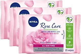 NIVEA Face Wipes Micellar, Rose Care with Organic Rose Water, All Skin Types, 3x25 Wipes