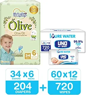 BabyJoy Olive, Size 6, 204 Diapers + 720 Uno Pure Water Baby Wet Wipes