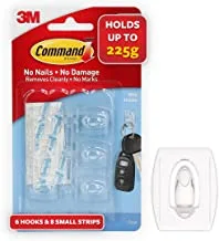Command Mini Hooks Clear color, 6 hooks + 8 strips/pack | Holds 180 gr. each hook | Organize | Decoration | No Tools | Holds Strongly | Damage-Free Hanging