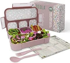 BEOLA Lunch Box for Kids Adults, Multi Compartment Lunch Bento with Magnetic Meal Planner, 3 or 4 Compartment Snack Box, BPA free, with Cutlery Set (Rose Ash/Pattern)