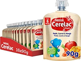 Nestle Cerelac Fruits and Vegetables Puree, Apple Carrot and Mango, Baby Food, Pouch, 90g (16 Pouches)