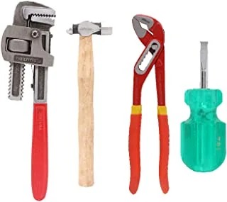 Suzec Johnson Plumber Tool Kit Pipe Wrench (300Mm) & Ball Pein Hammer With Handle & Water Pump Plier Box Joint & Two In One Stubby Screw Driver (Green And Silver)