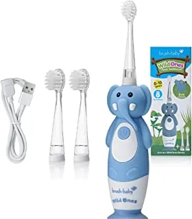 Brush-Baby WildOnes Kids Electric Rechargeable Toothbrush Elephant, 1 Handle, 3 Brush Head, USB Charging Cable, for Ages 0-10 (Elephant)