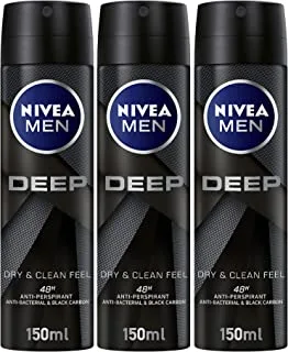 Nivea MEN Antiperspirant Spray for Men, DEEP Black Carbon Antibacterial, Dark Wood Scent, 3x150ml