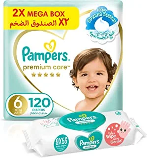 Pampers Premium Care, Size 6, 120 Diapers + 504 Sensitive Protect Baby Wet Wipes
