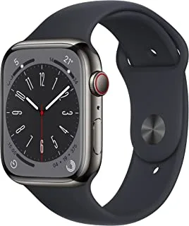 Apple Watch Series 8 الجديدة (GPS + Cellular 45mm) ساعة ذكية - هيكل من الفولاذ المقاوم للصدأ من الجرافيت مع حزام رياضي منتصف الليل - عادي. جهاز تتبع اللياقة البدنية ، تطبيقات أكسجين الدم وتخطيط القلب ، مقاومة للماء