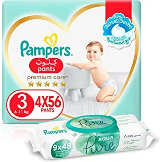 Pampers Premium Care Pants, Size 3, 224 Diapers + 432 Aqua Pure Water Baby Wet Wipes