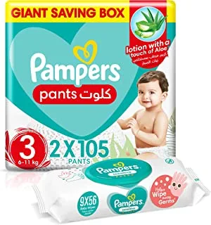 Pampers Pants, Size 3, 210 Diapers + 504 Sensitive Protect Baby Wet Wipes