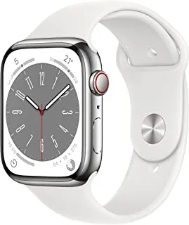 New Apple Watch Series 8 (GPS + Cellular 45mm) Smart watch - Silver Stainless Steel Case with White Sport Band - Regular. Fitness Tracker, Blood Oxygen & ECG Apps, Water Resistant