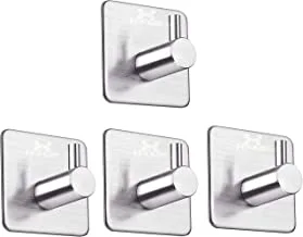 SHOWAY Self Adhesive Hooks 4 Pack Stainless Steel Wall Hanger Hanging for Robe Coat keys towel hooks Heavy Duty wall mounted hooks for home Bathroom Kitchen Waterproof Sticky Holder,Sliver