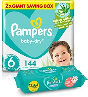 بامبرز Baby-Dry ، مقاس 6 ، 144 حفاضة + 768 مناديل مبللة للتنظيف الكامل للأطفال