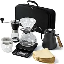 SKY-TOUCH Pour Over Coffee Maker 7 Piece with Portable Carry Case, Coffee Kettle with Thermometer, Drip Filter Coffee Share Pot,Filters,Coffee Scale,Double wall Mug,Manual Coffee Grinders