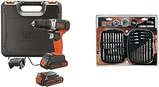 Black+Decker 18V 1.5Ah Li-Ion Cordless Electric Compact Drill Driver With 2 Batteries In Kitbox + Black+Decker 50 Pieces Acccessory Bit Set With Kitbox