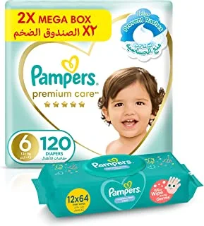 Pampers Premium Care, Size 6, 120 Diapers + 768 Complete Clean Baby Wet Wipes