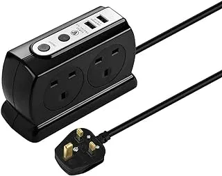 Masterplug High Gloss 4 Compact Socket Extension Power Surge Protection Lead with 2 USB Charging Ports, 4 Meter Cable, Gloss Black SRGDUK44PB3-04