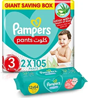 Pampers Pants, Size 3, 210 Diapers + 768 Complete Clean Baby Wet Wipes