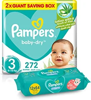 بامبرز Baby-Dry ، مقاس 3 ، 272 حفاضة + 768 مناديل مبللة للتنظيف الكامل للأطفال