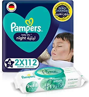بامبرز Baby-Dry Night ، مقاس 4 ، 224 حفاظة + 432 مناديل مبللة للأطفال من المياه النقية