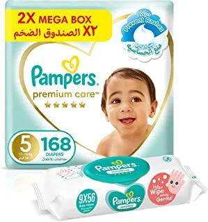 Pampers Premium Care, Size 5, 168 Diapers + 504 Sensitive Protect Baby Wet Wipes