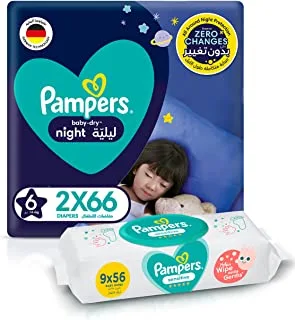 بامبرز Baby-Dry Night ، مقاس 6 ، 132 حفاضة + 504 مناديل مبللة للبشرة الحساسة للأطفال