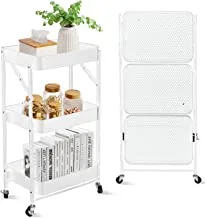 SKY-TOUCH 3 Tier Foldable Metal Rolling Utility Cart Organizer, 46x30x76cm Multipurpose Organizer Trolley with Casters for Kitchen, Bedroom, Bathroom, Office, Laundry Room and Garage White
