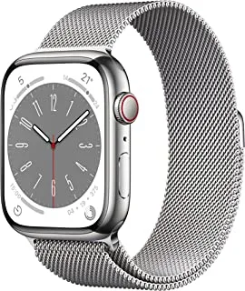Apple Watch Series 8 (GPS + Cellular 41mm) ساعة ذكية - هيكل فضي من الفولاذ المقاوم للصدأ مع حلقة ميلانيز فضية. جهاز تتبع اللياقة البدنية ، تطبيقات أكسجين الدم وتخطيط القلب ، مقاومة للماء