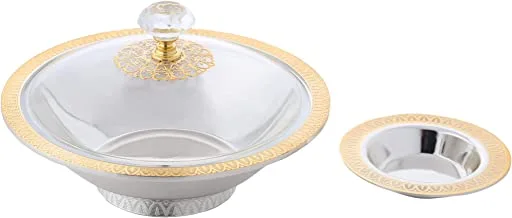 Al Saif Iron Date Bowl with Acrylic Cover and Seed Bowl Size: 17.2/8.8CM, Color: Silver/Gold