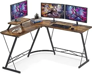 SKY-TOUCH L Shaped Gaming Desk, Home Office Desk With Round Corner and Shelf, Computer Desk With Large Monitor Stand Desk,Sturdy Writing Workstation,Gaming Desk with Shelf-Tiger Wood 50.8*18.1*28inch