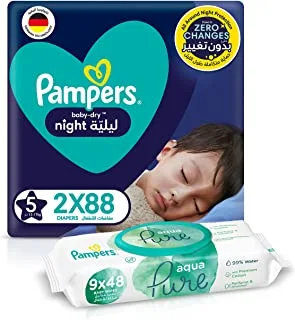 بامبرز Baby-Dry Night ، مقاس 5 ، 176 حفاضة + 432 مناديل مبللة للأطفال من المياه النقية