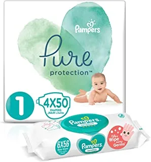 Pampers Pure Protection, Size 1, 200 Diapers + 336 Sensitive Protect Baby Wet Wipes
