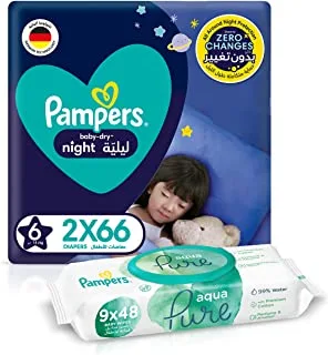 Pampers Baby-Dry Night, Size 6, 132 Diapers + 432 Aqua Pure Water Baby Wet Wipes