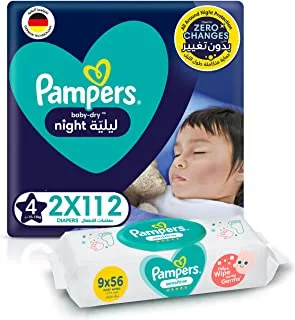 بامبرز Baby-Dry Night ، مقاس 4 ، 224 حفاظة + 504 مناديل مبللة للبشرة الحساسة للأطفال