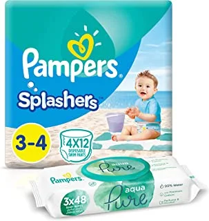 Pampers Splashers, Size 3-4, 48 Diapers Pants + 144 Aqua Pure Water Baby Wet Wipes