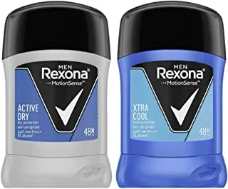 REXONA for Men Antiperspirant Deodorant Stick, 48 Hour Sweat and Odor Protection, Active Dry, 40g + REXONA for Men Antiperspirant Deodorant Stick, 48 Hour Sweat and Odor Protection, Xtra Cool, 40g
