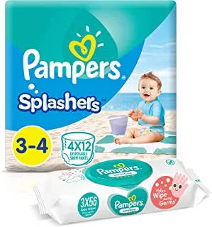 Pampers Splashers, Size 3-4, 48 Diapers Pants + 168 Sensitive Protect Baby Wet Wipes